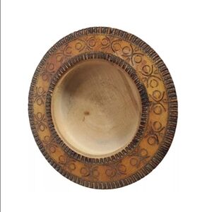 Vintage 1960 Polish Dark Brown Wood Carved Round Ashtray 4.5" Diameter